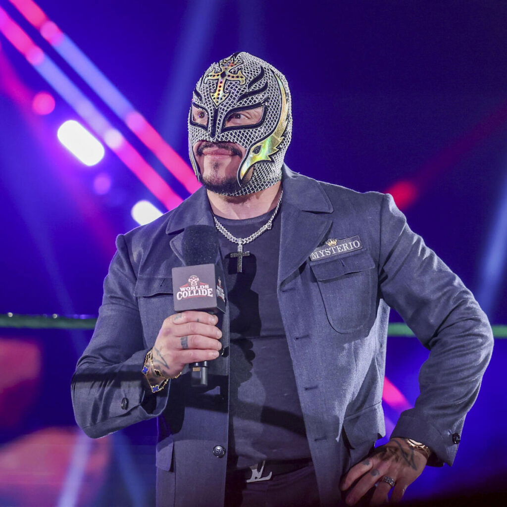Rey Mysterio addressing fans. 