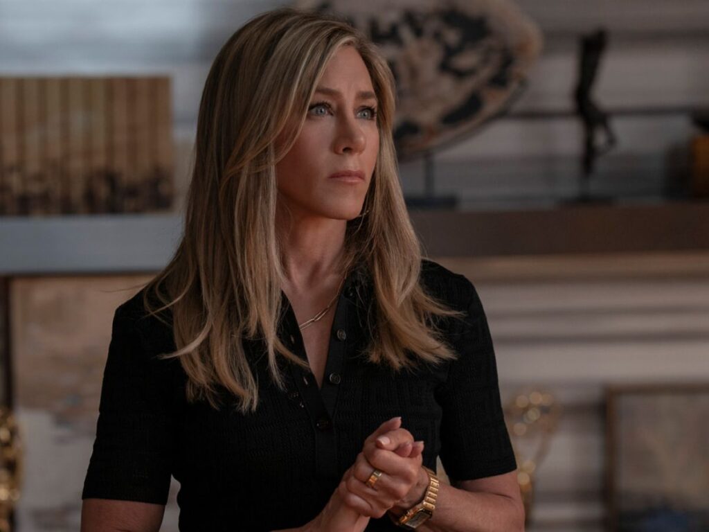 Jennifer Aniston as Alex Levy looking concerned in The Morning Show