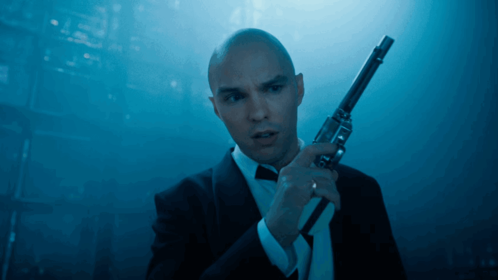 Nicholas Hoult as Lex Luthor holding a gun to kill Malik Ali