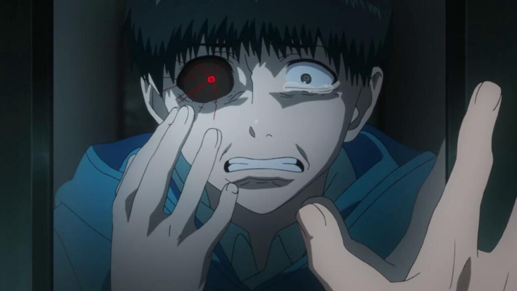 Kaneki looks horrified as he looks at himself in the mirror in Tokyo Ghoul
