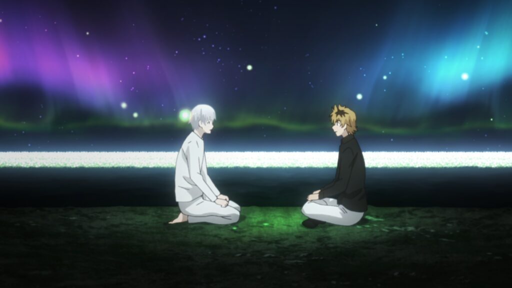 Hide and Kaneki are sitting across each other in Tokyo Ghoul