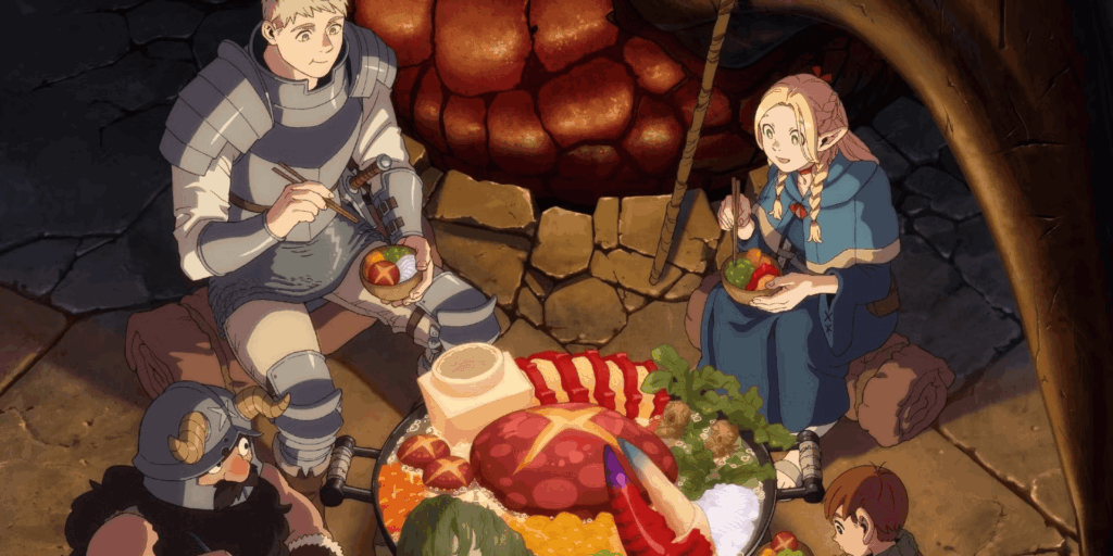 The characters having food together in Delicious in Dungeon.