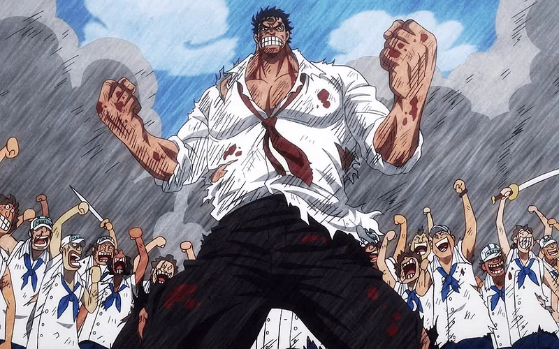 The Marines celebrate Garp's arrival at God Valley in One Piece.