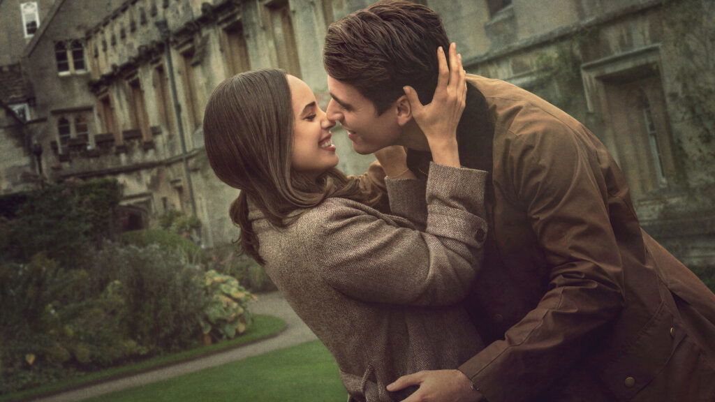 My Oxford Year Might Be the Emotional Cousin of Emilia Clarke’s Saddest Movie 6 Sofia Carson and Corey Mylchreest holding each other, close enough that they are about to kiss in front of seemingly oxford university in the poster for My oxford year