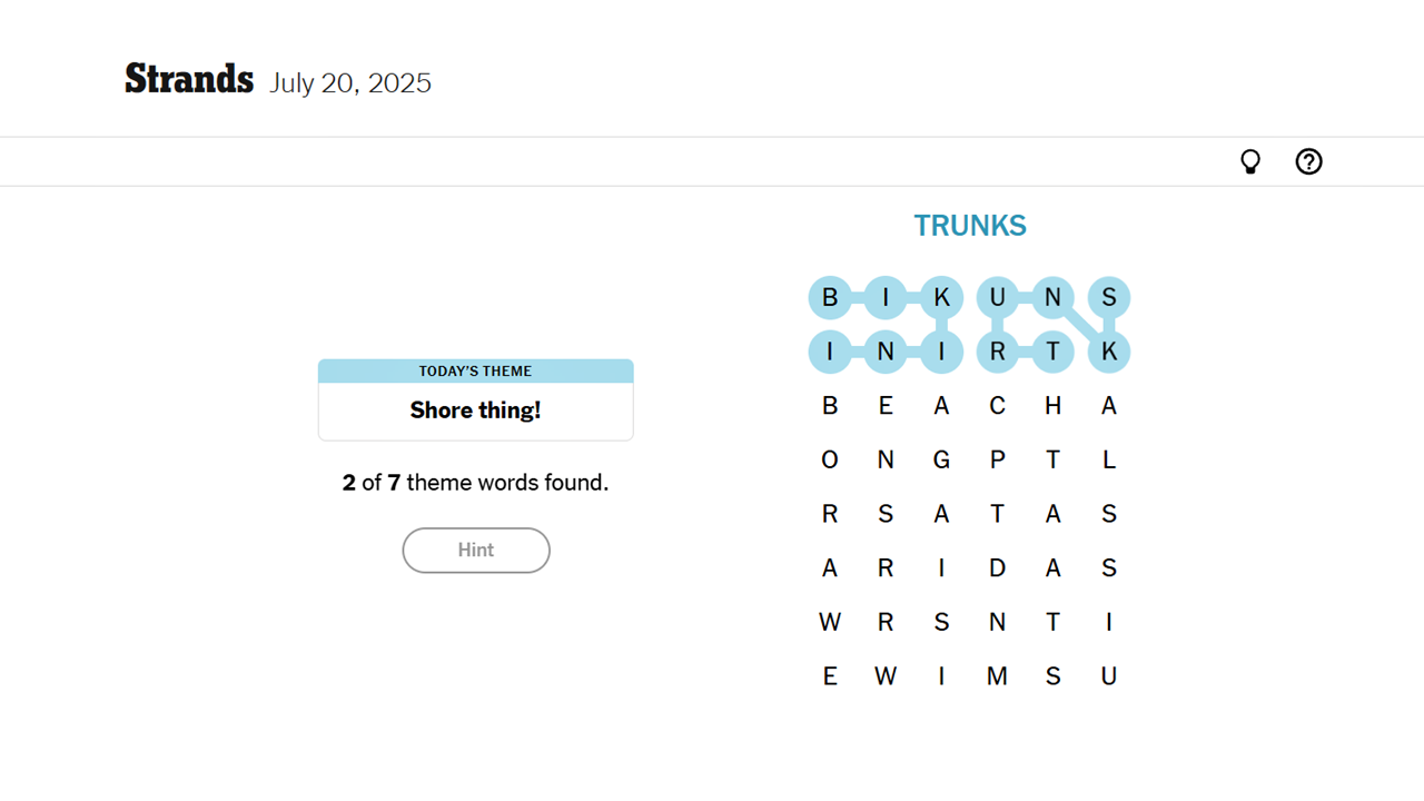 Screenshot giving away the second NYT Strands solution of July 20, 2025.