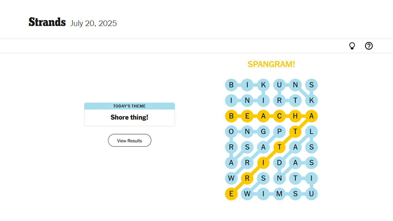 Screenshot giving away the seventh NYT Strands solution and the final list of words of July 20, 2025.