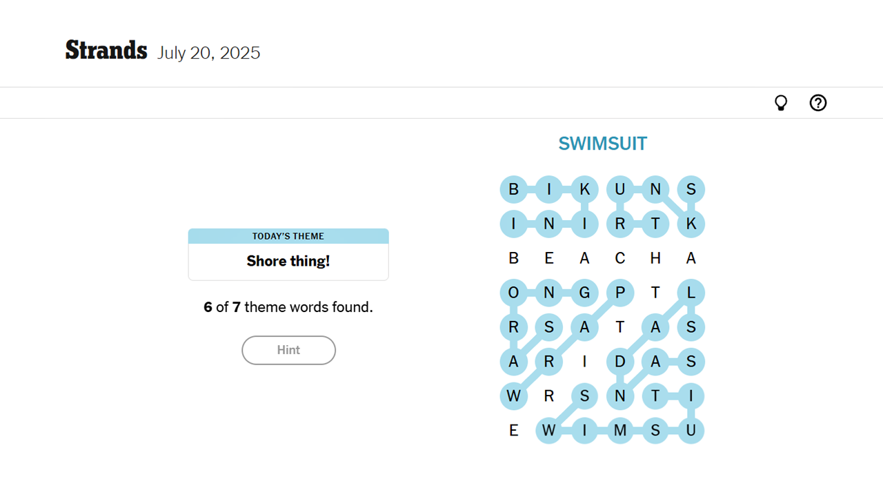 Screenshot giving away the sixth NYT Strands solution of July 20, 2025.