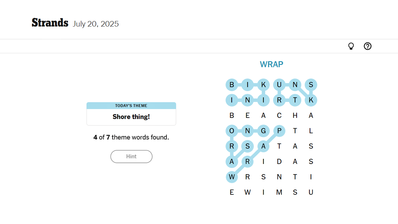 Screenshot giving away the fourth NYT Strands word of July 20, 2025.