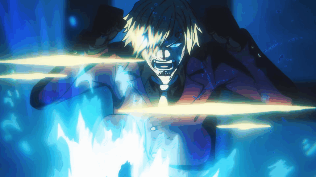 Sanji performing his Ifrit Jambe technique, a powerful attack accompanied by bright blue flames.