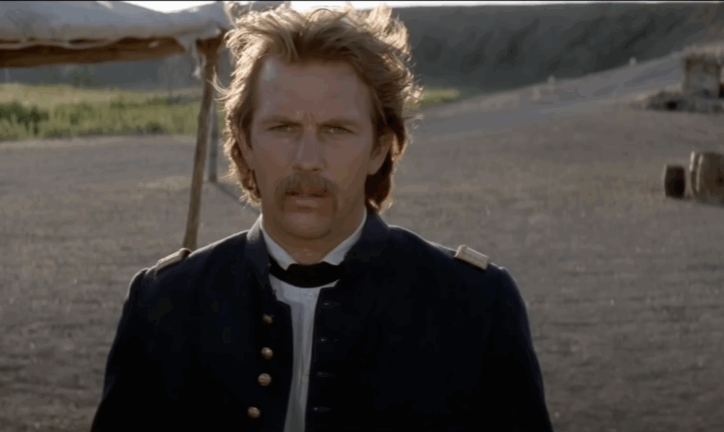 Kevin Costner in a black attire in Dances With Wolves. 