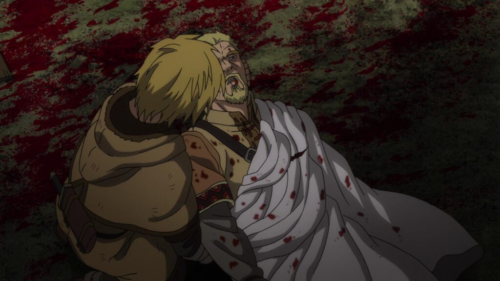 Thorfinn holds Askeladd's body in Vinland Saga.