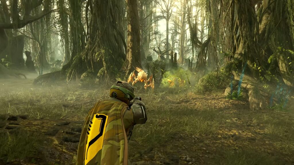 Helldivers 2 swamp biome screenshot, showing a player about to shoot at a Terminid enemy.