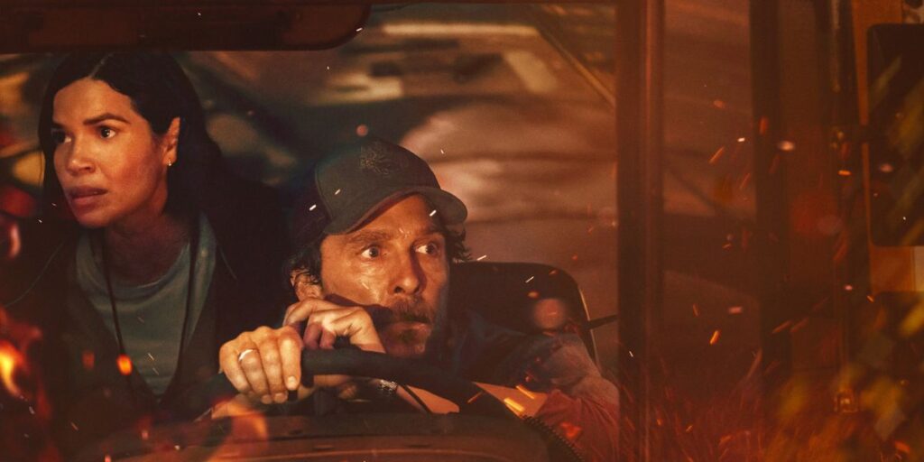 'The Lost Bus' on Apple TV+: Release Date, Cast, Plot, and All You Need to Know 1 America Ferrera and Matthew McConaughey looking tense in a bus as they navigate a wildfire in The Lost Bus