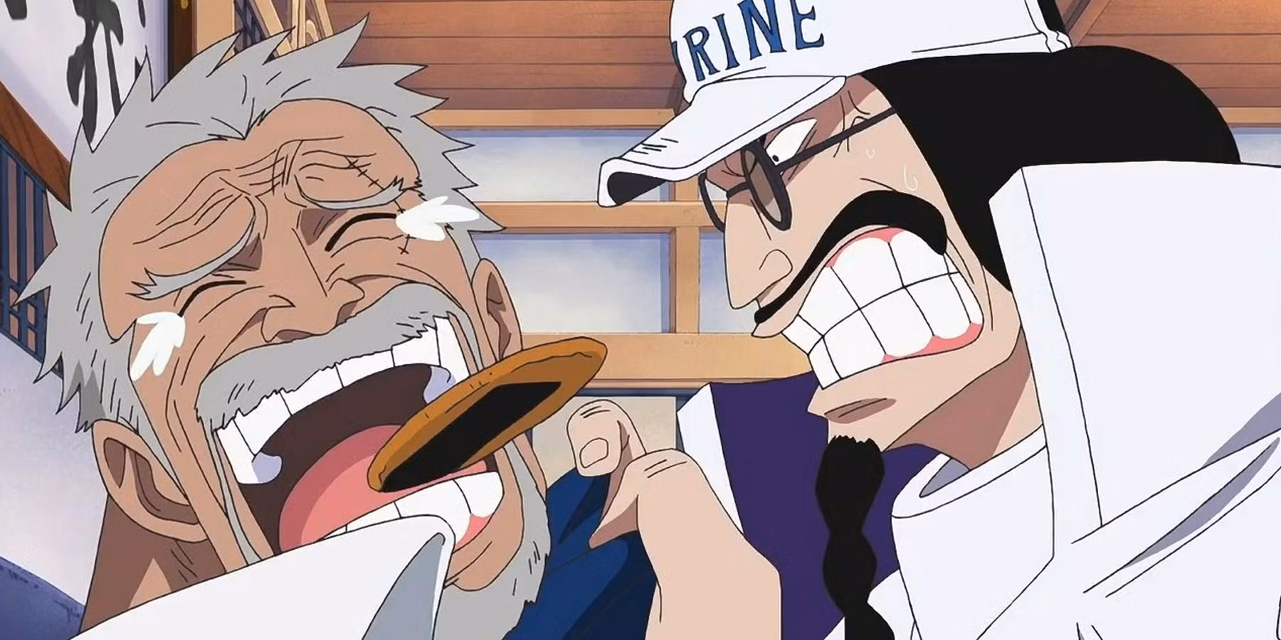 Sengoku grabs Garp by the collar and pulls him in
