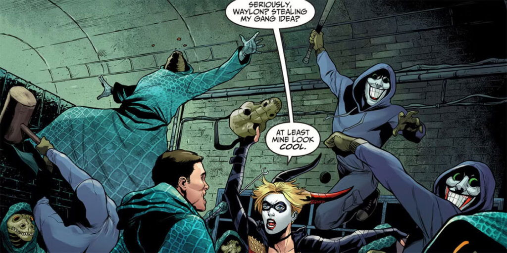 Weapons Director Zach Cregger Played a DC Role Before Confirming His Favorite Batman Related Script 3 Harley Quinn raising her hand while other members try to fight or defend in a still from the comic books.