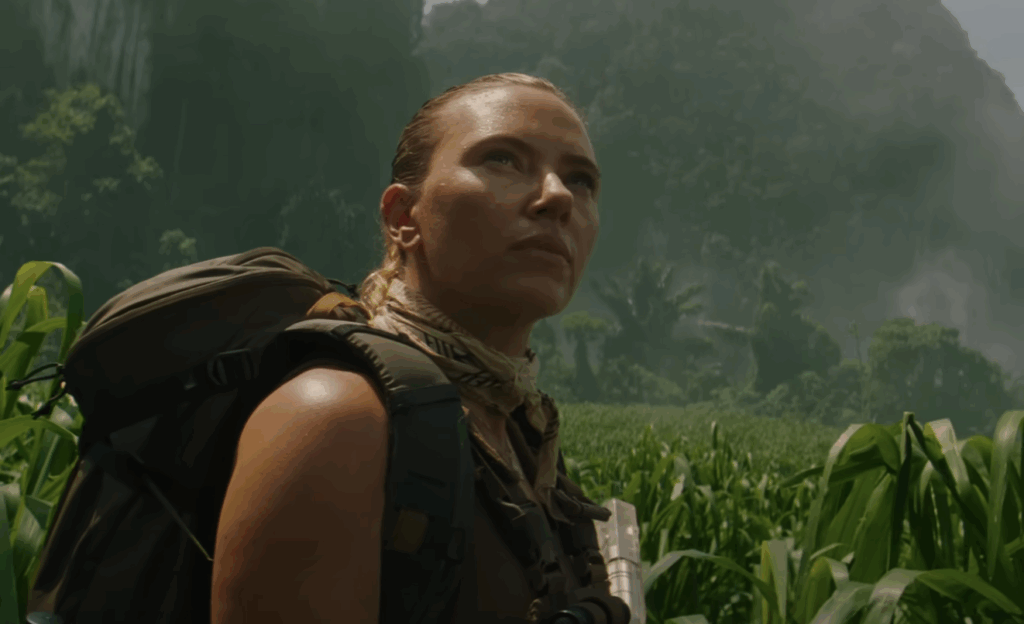 Scarlett Johansson giving focused expression in a still from Jurassic World Rebirth