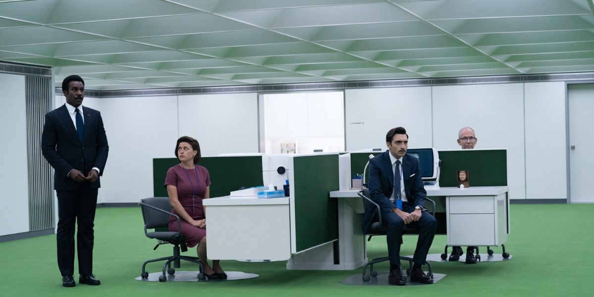 Tramell Tillman, Alia Shawkat, Stefano Carannante and Bob Balaban in their work cubicles in Severance season 2