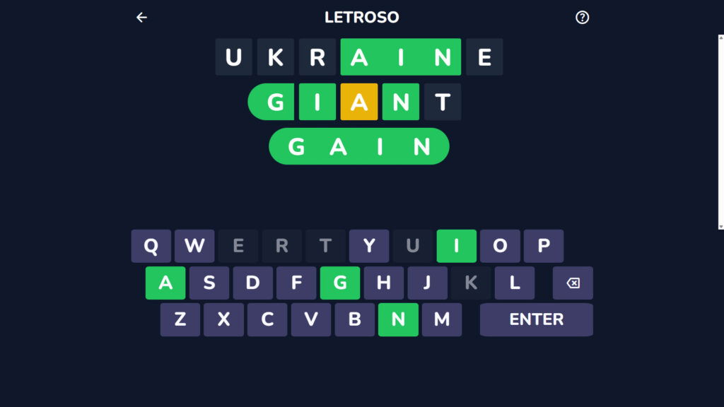 An image showing the solution for Letroso on August 5, 2025.