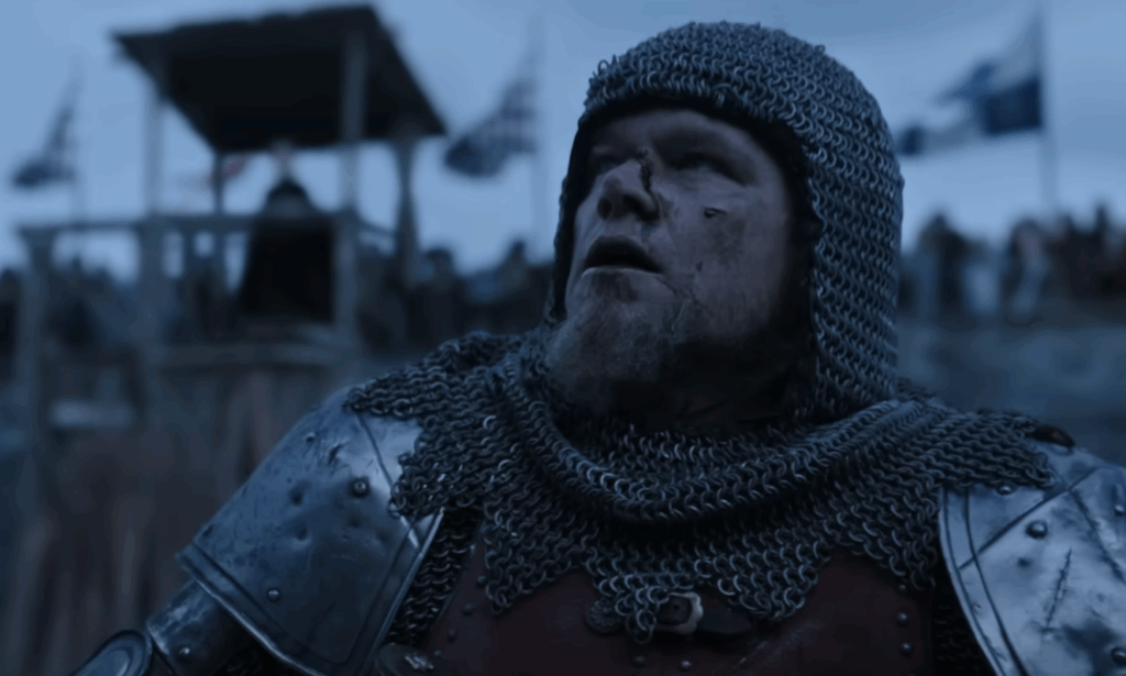 Matt Damon as a soldier looking up in The Last Duel