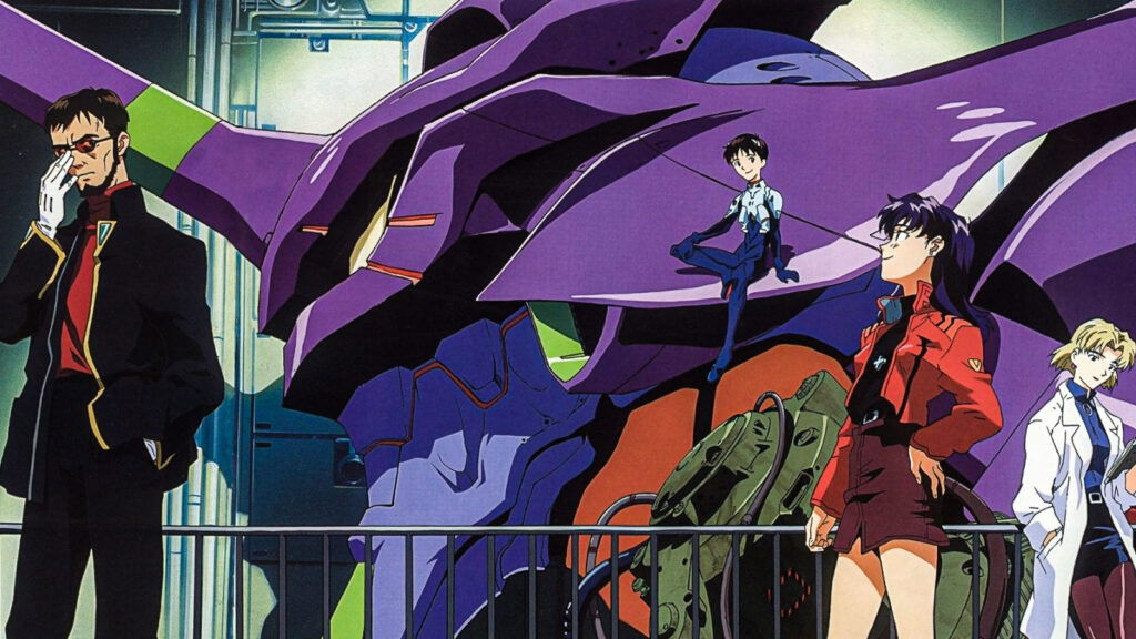 This image depicts key characters from the Neon Genesis Evangelion anime series, including Shinji Ikari, Misato Katsuragi, and Gendo Ikari. The purple mecha unit behind them is a giant bio-machine known as an Evangelion, a central element in the show's action.