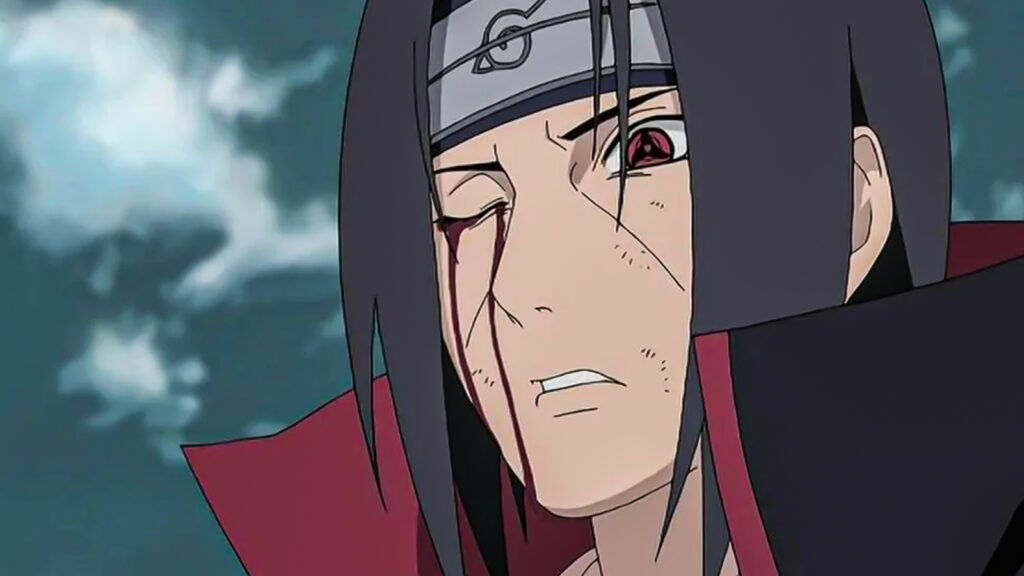 a close up shot of itachi with one of his eyes bleeding from naruto shippuden