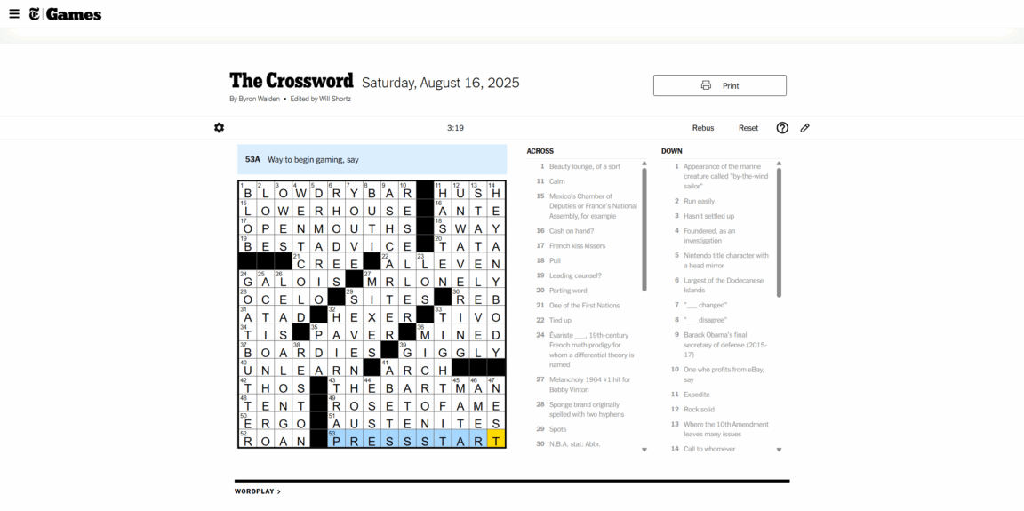 NYT Crossword Solution For August 16, 2025
