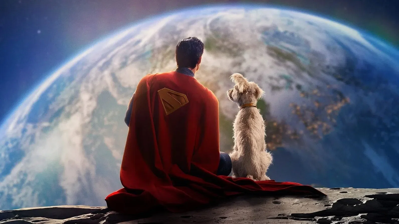 David Corenswet as Clark Kent and his dog Krypto in a still from Superman.