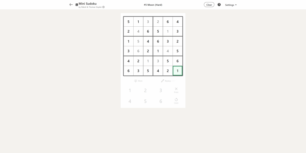 A screenshot of today's LinkedIn Mini Sudoku.