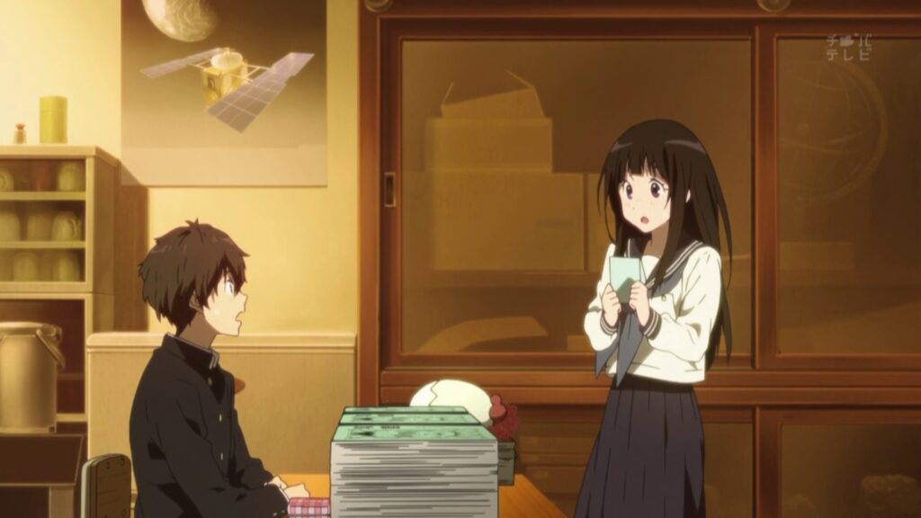 Chitanda and Oreki are in a classroom in Hyouka