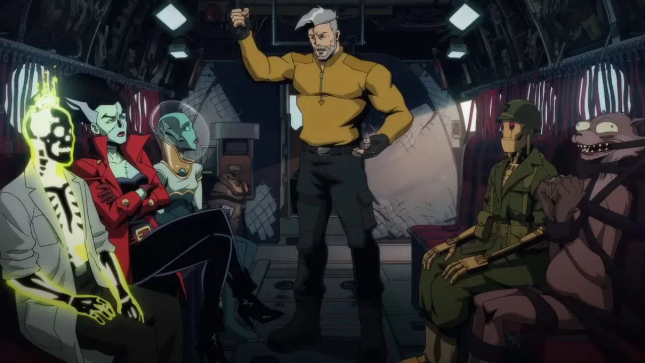 Rick Flag Sr and the rest of the team in a still from Creature Commandos