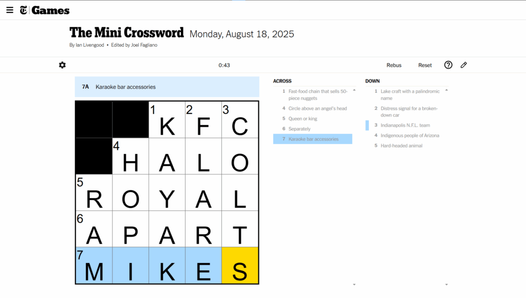 Solutions for NYT Mini Crossword on August 18, 2025 