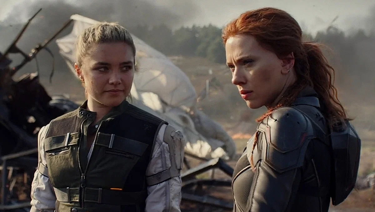 Yelena Belova looking to Black Widow in a still from the movie.