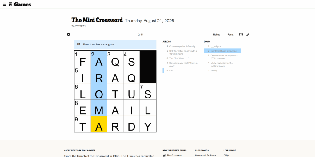 NYT Mini Crossword Solution For Today (August 21 2025) NYT Mini Crossword Solution For Today (August 21 2025)