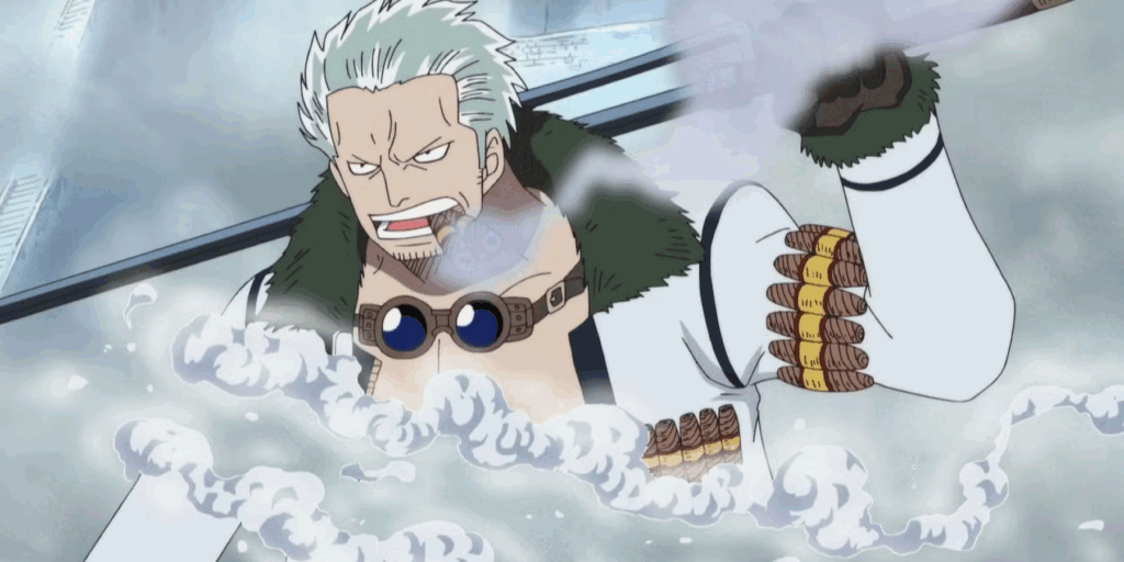 Smoker avoids an attack with his Logia Fruit powers in One Piece.