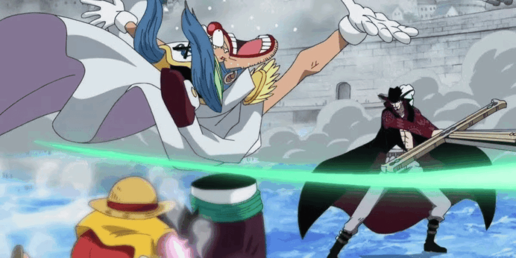 Buggy splits his body to avoid Mihawk's attack in One Piece.
