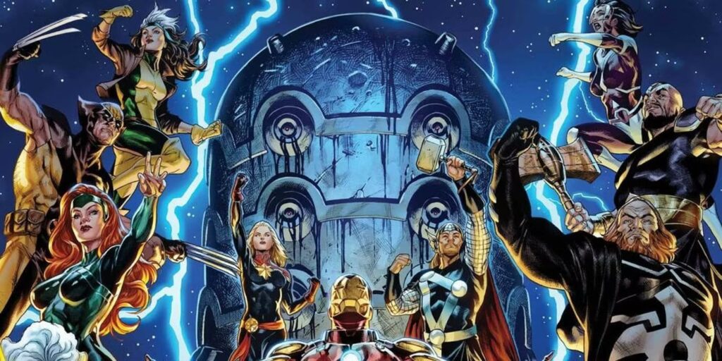 The X-men, the Avengers, and the Eternals side by side with Tiamut rising in the background.