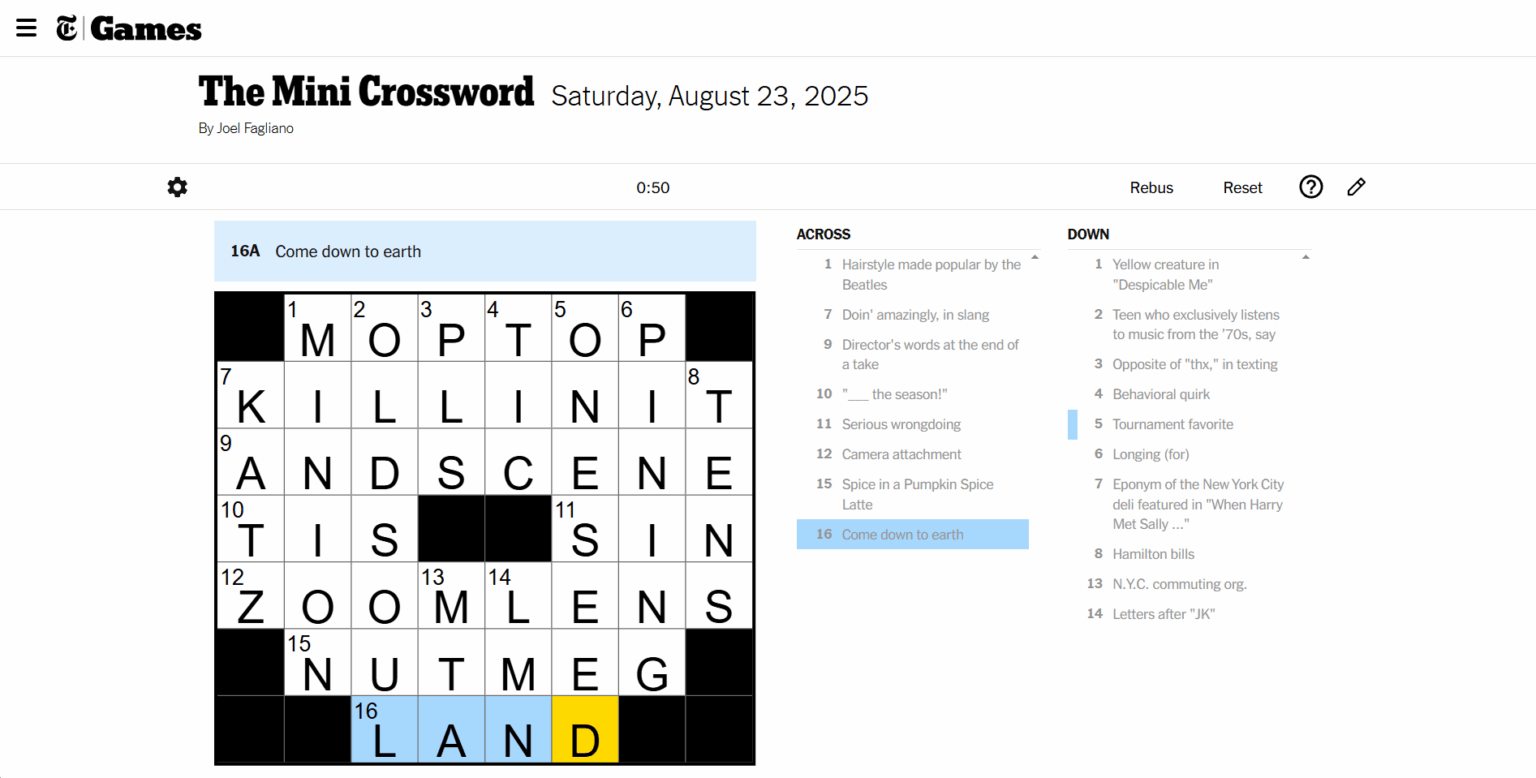 NYT Mini Crossword Solution For Today (August 23, 2025)