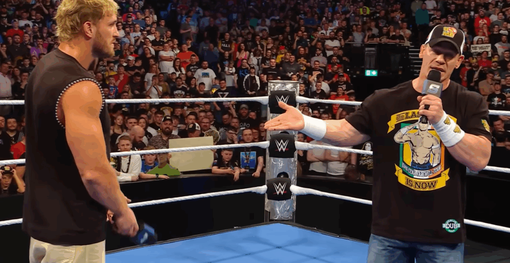 John Cena and Logan Paul during a SmackDown segment