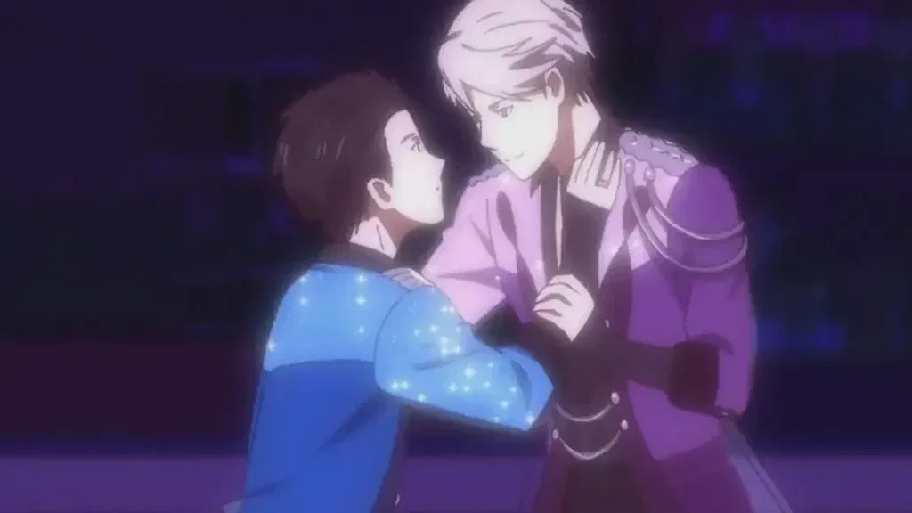 Victor wearing a purple outfit and Yuuri in a blue, sparkling costume.