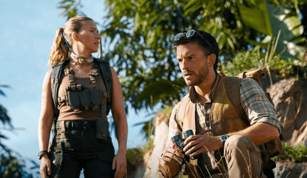 Jonathan Bailey and Scarlett Johansson in Still from Jurassic World Rebirth
