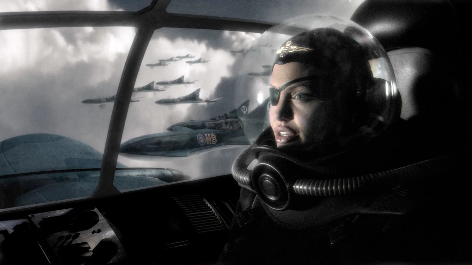 Angelina Jolie as squadron leader flying an aircraft.