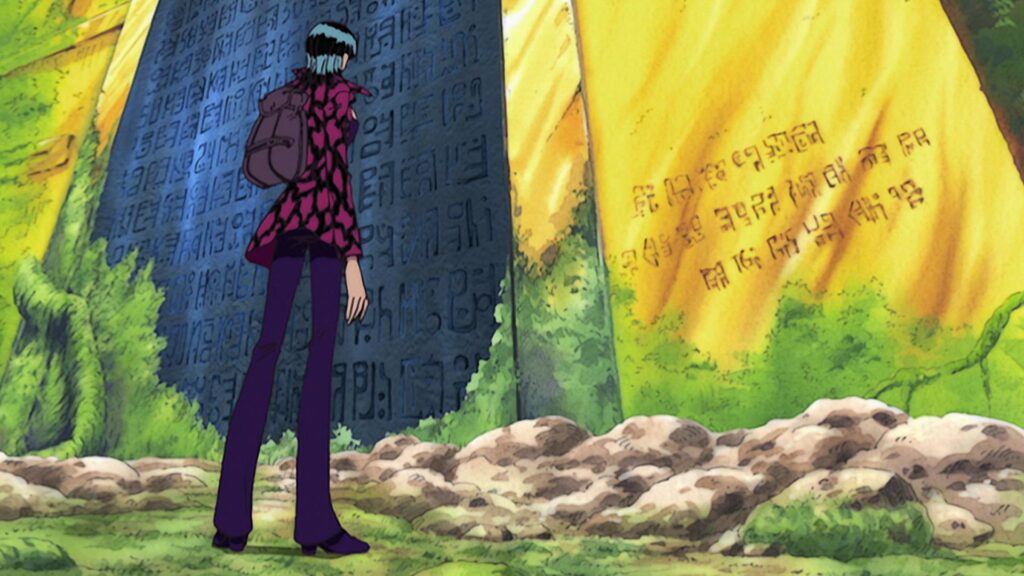 One Piece Chapter 1158 Hints Moria’s True Power That Blackbeard Really Wants 50 Robin looking at the Poneglyph on Skypiea in One Piece.