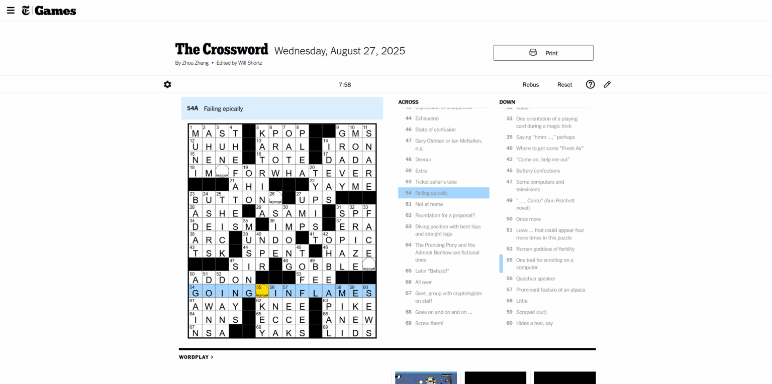 NYT The Crossword Solution For Today (August 27, 2025)