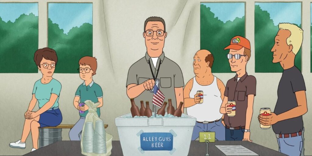 Scene from King of the Hill with Hank standing in front of a ice and drinks filled vessel