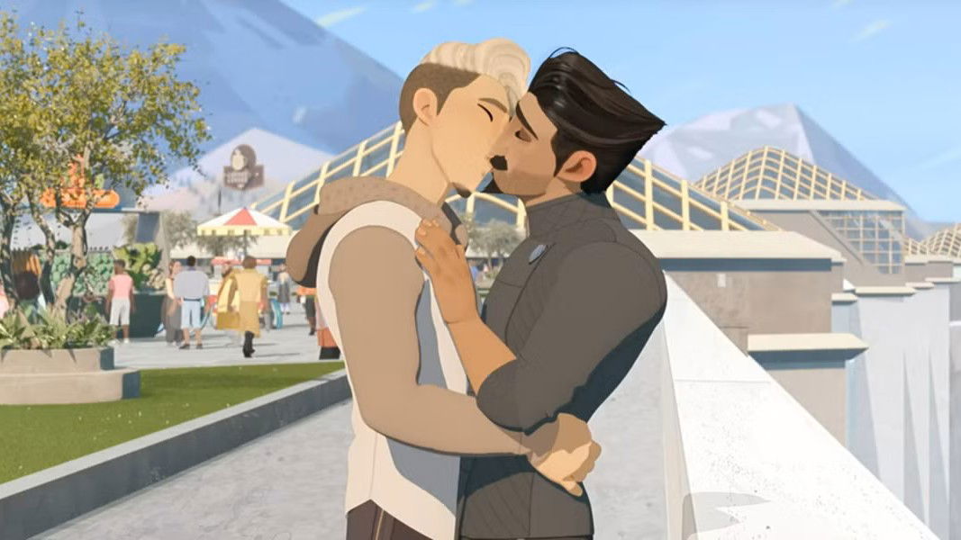 Ballister Boldheart and Ambrosius embrace intimately in a public space with modern architecture and other people visible in the background.