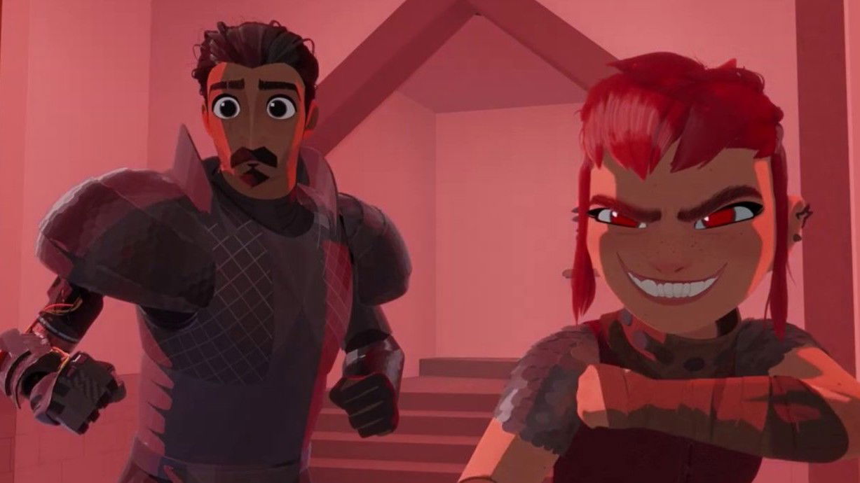 Ballister Boldheart and Nimona in armor stand together with confident expressions, bathed in dramatic red lighting.