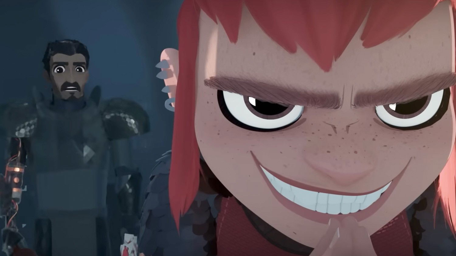 A tense scene showing a frightened Ballister Boldheart in the background while a menacing Nimona with an unsettling grin dominates the foreground in dark, moody lighting.