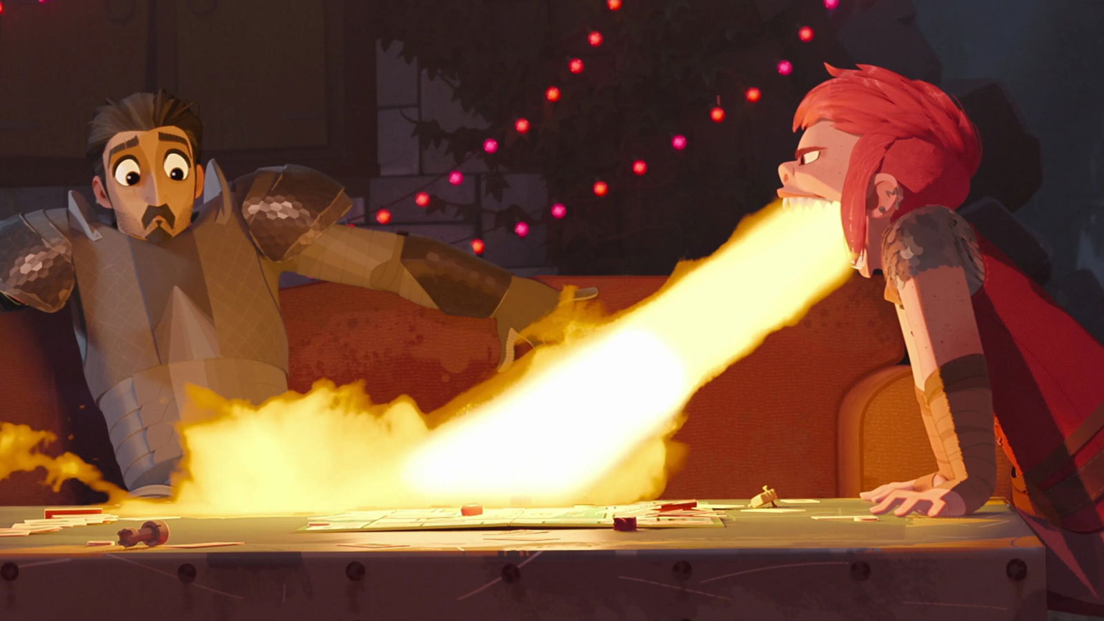 A dramatic scene showing Ballister Boldheart in armor on the left looking concerned while on the right Nimona is breathing fire.