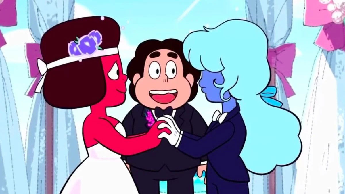 Three animated characters: Garnet and Sapphire being married and the marriage is being officiated by Steven.