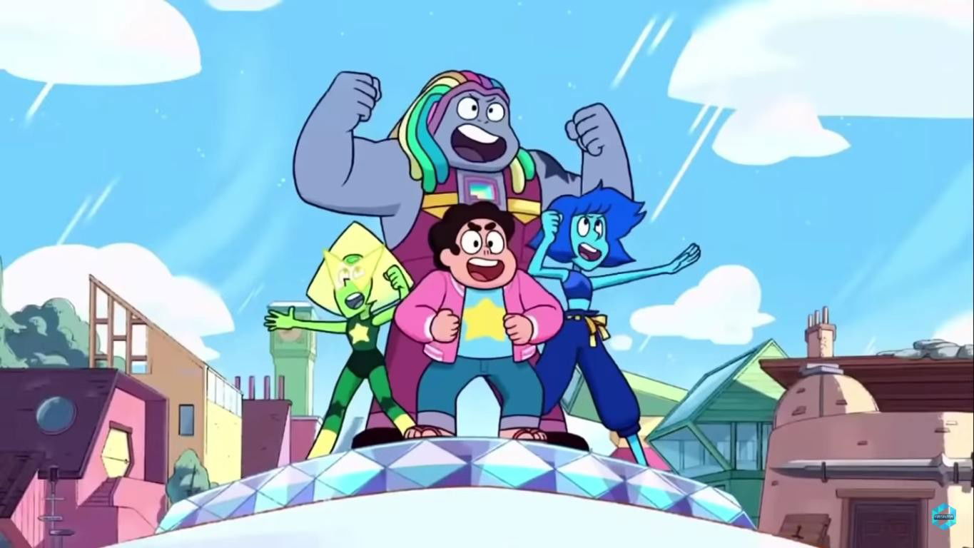 A group of diverse animated characters stands triumphantly with their arms raised on a platform, with a town visible in the background under a blue sky.